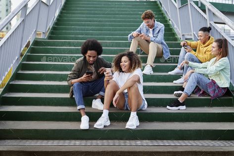 Sitting On The Stairs Pose, Person Sitting On Stairs, People Sitting On Stairs, Two People Sitting Together Reference, Camera Shots And Angles, Walking Group, Sitting On Stairs, How To Draw Stairs, Detail Wall