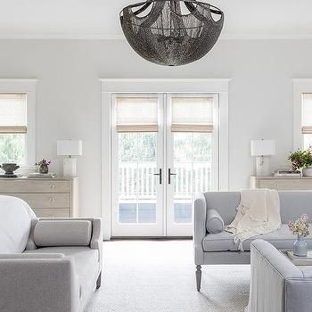 Gray Shelter Back Sofas with Brown Coffee Table - Transitional - Living Room Couch In Front Of French Doors, French Doors Design, Couch Placement, Bookshelves Around Fireplace, Round Brass Mirror, Grey Painted Walls, White French Doors, French Doors Bedroom, Grey Walls Living Room