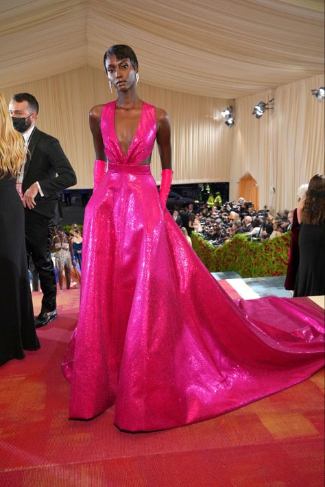 Pink Red Carpet Looks, Anok Yai Met Gala, Pink Red Carpet, Barbie Press Tour, Women Fashion Aesthetic, Tropical Princess, Anok Yai, Female Suit, Met Gala Outfits