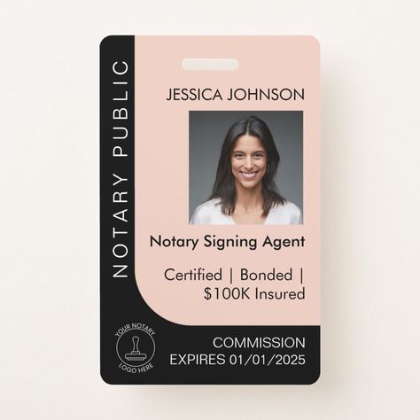 Modern Pink & Black Custom Badge Notary Photo ID Identification Card Design, Notary Signing Agent, Notary Public, Visiting Card, Custom Badges, Badge Design, Visiting Cards, 로고 디자인, Id Badge