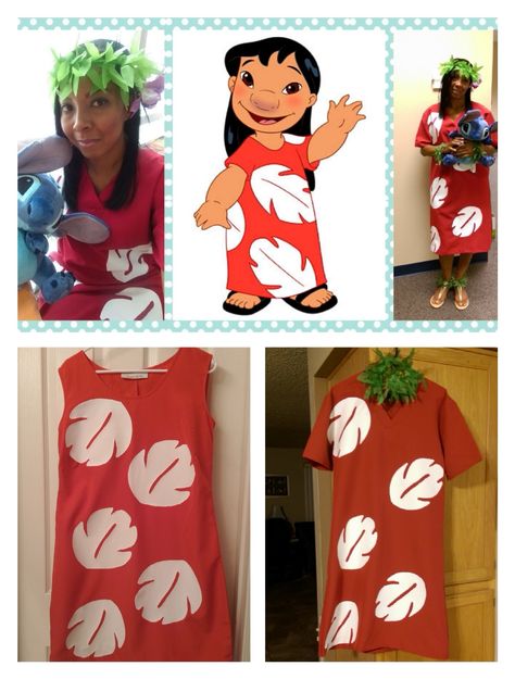 Lilo & Stitch Halloween costumes for my friend and I. I used white iron on transfer paper and stenciled the leaves on Lilo's dress to the size of the paper. Both dresses came from thrift stores, no more than $3.00. The dress on the left was a 3x hemmed to a size 10.  The dress on the right was an  XL nurse's scrub gown also hemmed down. The leaves were placed and ironed to mimic Lilo's dress front and back. Homemade Lilo Costume, Diy Lilo Costume Women, Lilo Costume Women, Lilo Costume Diy Women, Diy Plus Size Halloween Costumes, Lilo Costume, Lilo Dress, Stitch Halloween Costume, Lilo And Stitch Costume