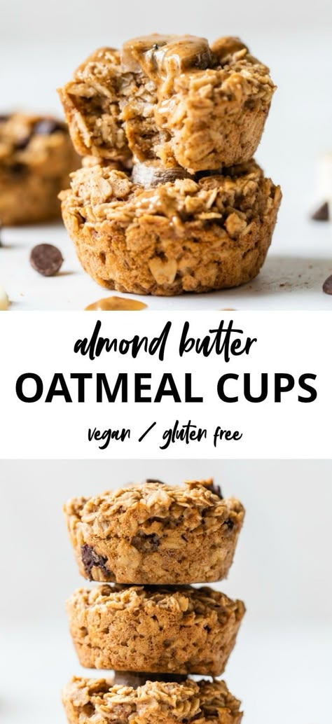 Healthy BAKED OATMEAL CUPS that are made with banana, almond butter and chocolate chips for a vegan, gluten free snack or breakfast option! Almond Butter Oatmeal, Healthy Baked Oatmeal, Banana Almond Butter, Baked Oatmeal Healthy, Almond Butter Recipes, Gluten Free Snack, Baked Oatmeal Cups, Light Breakfast, Oatmeal Cups