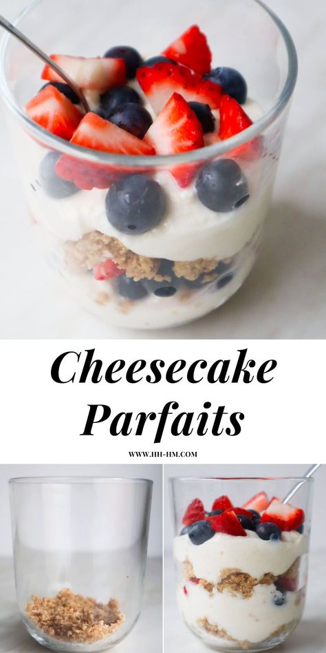 Cheesecake parfaits recipe! Yes, it’s just what you think - an easy cheesecake in a glass without the fuss of arranging too much, it’s the best no-bake dessert recipe! Cheesecake Parfait Cups, No Bake Cheesecake Parfait, Philly Cheesecake, Cheesecake In A Glass, Cheesecake Parfait Recipes, Cheesecake Parfait, Healthy Parfait, Cheesecake Desserts Recipes, No Bake Cherry Cheesecake