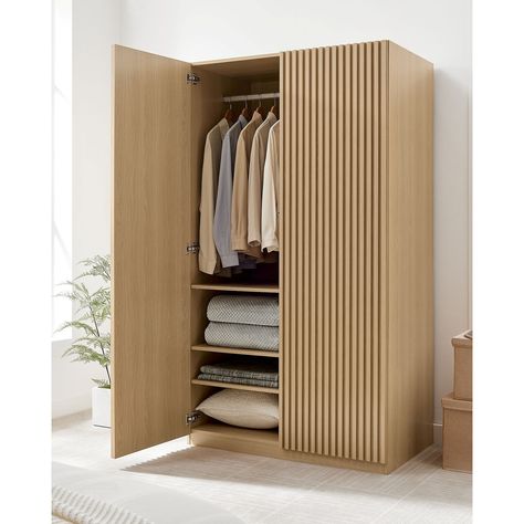 Vidalia Slatted 2-Door Oak Wooden Wardrobe Armoire - Bed Bath & Beyond - 41914569 Midcentury Modern Armoire, Large Bedroom Storage Ideas, Wood Panel Closet, Japandi Wardrobe Design Bedroom, Slatted Wardrobe, Wardrobe White And Wood, Minimalist Armoire, Wooden Wardrobe Design Bedroom Modern, Jute Wardrobe