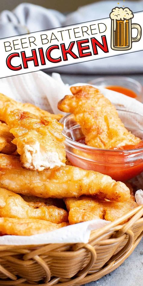 Homemade Chicken Tenders Fried, Chicken Tender Batter Recipe, Beer Battered Chicken Tenders, Battered Chicken Tenders, Batter For Chicken Tenders, Beer Battered Chicken, Beer Batter Recipe, Tender Recipes, Beer Battered Fries