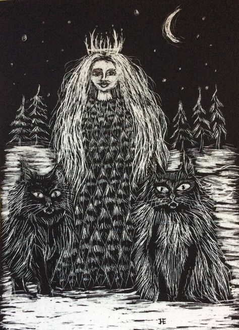 Freya with her cats, art by Heidi Estey Freya Cat Tattoo, Freya Correspondences, Freya Goddess Offerings, Freya Offering, Freya Chariot Of Cats, Norse Myth, Goddess Art, Cat Drawing, Happy Friday