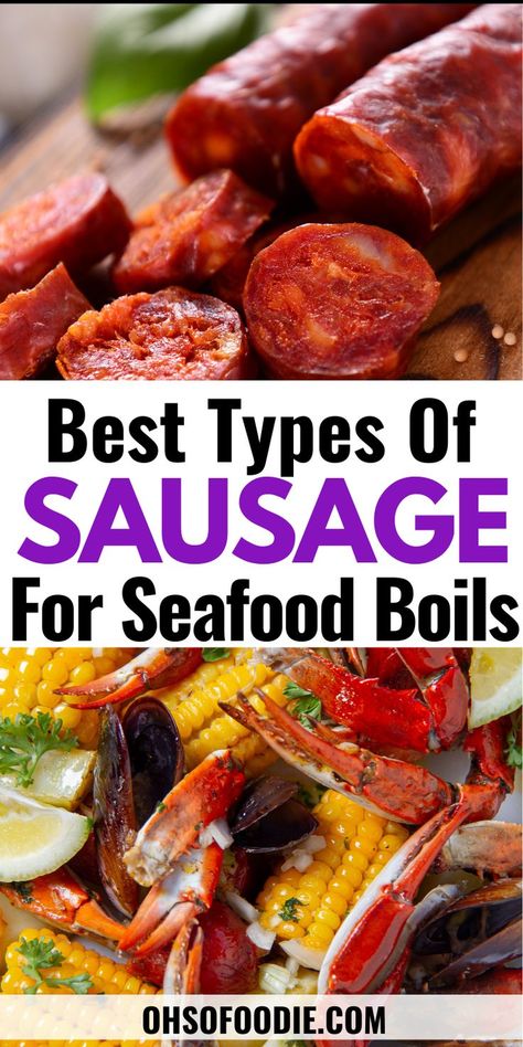 The text reads, Best Types Of Sausage For Seafood Boil Seafood Boil Recipes Cajun, Cajun Shrimp Boil Recipe, Veg Noodles Recipe, Low Country Boil Recipe, Crab Boil Recipe, Shrimp Boil Party, Seafood Boil Recipe, Cajun Shrimp Boil, Seafood Broil