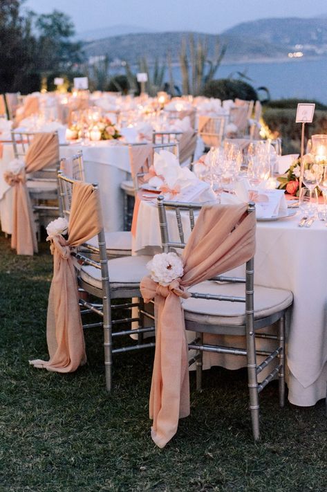 Gallery - Classic Romance Wedding With All The Trimmings in Greece Peach Table Centerpieces, Rustic Wedding Decorations, Wedding Tableware, Wedding Chair Decorations, Classic Romance, Wedding Chair, Table Set Up, Peach Wedding, Wedding Dinner