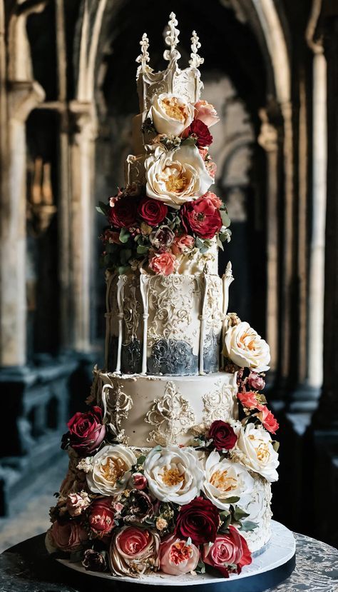 #foodie, #cakes, #cakeinspiration, #design White Gothic Wedding Cake, Wedding Cake Gothic, 21st Cakes, Victorian Wedding Cakes, Gothic Wedding Cake, Rose Wedding Cake, Dark Romantic Wedding, Special Event Cakes, Birthday Cake Decorating Ideas