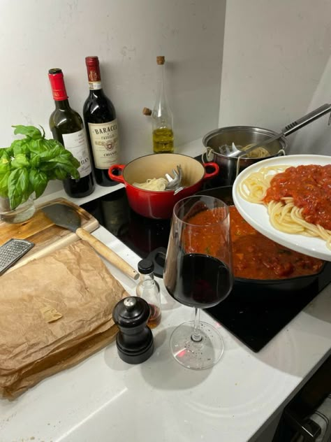 Pasta And Wine Dinner Aesthetic, Cooking With Wine Aesthetic, Pasta And Wine Night, Italian Cooking Aesthetic, Pasta And Wine Aesthetic, Date Night Cooking Together, Cooking Pasta Aesthetic, Pasta Night Aesthetic, Red Wine Aesthetic