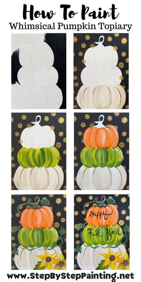 Topiary Painting, How To Paint Pumpkins, Tracie Kiernan, Paint Pumpkins, Painting Pumpkin, Fall Canvas Painting, Pumpkin Topiary, Fall Canvas, Canvas Painting Tutorials