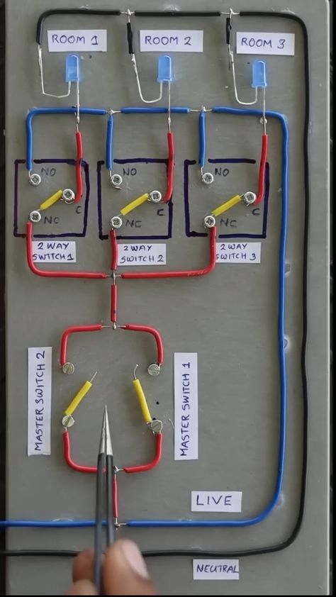 Master switch wiring with two way switch (DPDT) demonstration #diy #wiring Fabrikasi Logam, Electrical Wiring Colours, Basic Electrical Engineering, Basic Electronic Circuits, Basic Electrical Wiring, Home Electrical Wiring, Electronic Circuit Design, Electrical Circuit Diagram, Electronics Basics