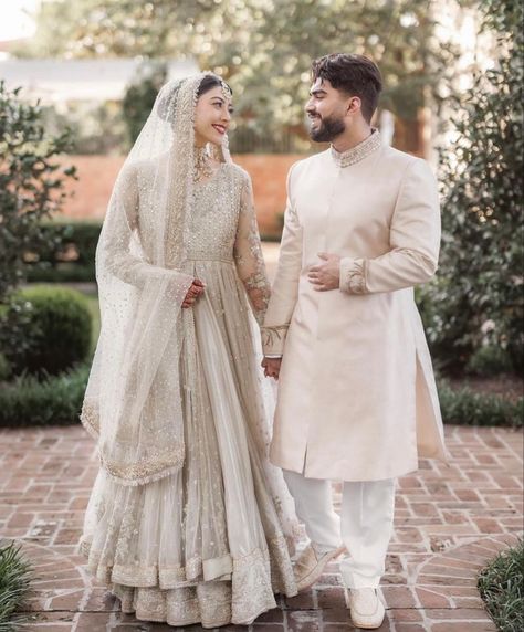 Nikkah Outfit Hijab, Matching Nikkah Outfits, White And Green Nikkah Outfit, White Gold Nikkah Dress, Ivory Nikkah Dress, Nikkah Groom Outfit, Pakistani Nikkah, Nikkah Outfit Pakistani Bridal, English Wedding Dresses