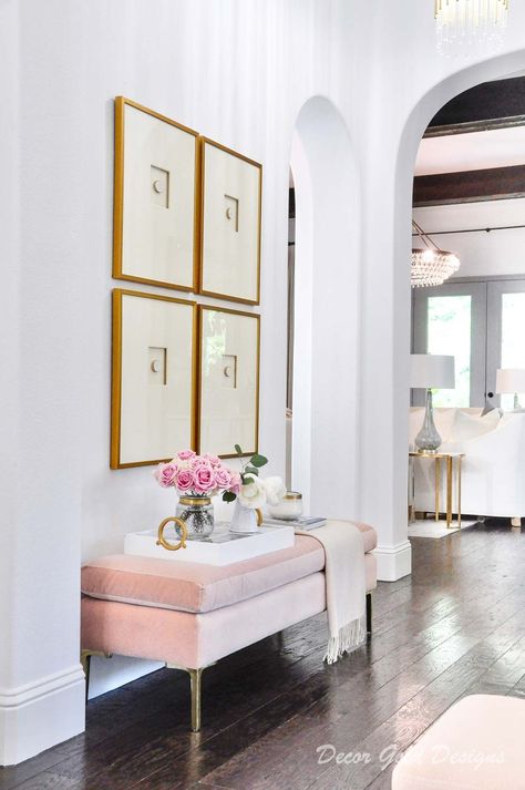 Entryway update blush bench intaglio art #entry #entryway #entrywaydecor #entrywaydesigns #homedecor #decor #interiordecor #interiors #interiordesign Entryway Update, Intaglio Art, Cottagecore Kitchen, Dining Room Updates, Elegant Entryway, Christmas Entryway, Dining Room Makeover, Living Room Update, Entry Way Design