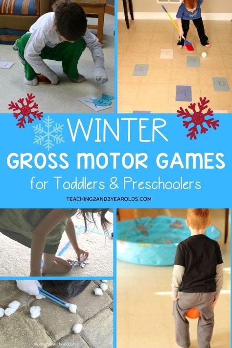 Burn energy while building a variety of important skills with these fun winter gross motor activities! #grossmotor #largemotor #games #action #energy #indoors #outdoors #activities #winter #weather #age2 #age3 #teaching2and3yearolds Winter Sport Activities For Preschool, Winter Gross Motor Activities, Winter Gross Motor, Winter Sports Preschool, Gross Motor Games, Games Preschool, Winter Activities For Toddlers, Gross Motor Activity, Winter Activities Preschool