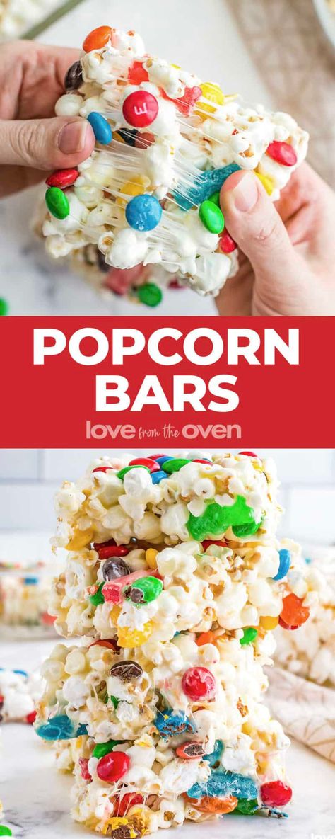 Popcorn Bars • Love From The Oven Popcorn Bars Recipes, Popcorn Marshmallow Treats, Popcorn Bar Ideas, Popcorn Candy Bar, Popcorn Bar Recipes, Popcorn Business, Popcorn Ball, Sweet Or Salty, Popcorn Balls Recipe