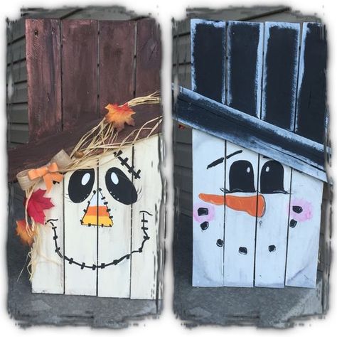 How to make a 2-sided pallet scarecrow/snoman Pallet Scarecrow, Snowman Diy, Pallet Christmas, Wooden Boards, Pallet Crafts, Pallet Painting, Fall Projects, Snowman Crafts, Pallet Art