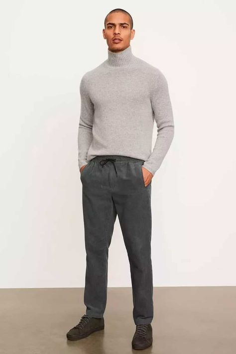 Gray Slacks Men Outfit, Dark Grey Pants Outfit Men, Suede Sneakers Outfit, Gray Pants Outfit, Grey Top Outfit, Dark Grey Pants, Grey Pants Outfit, Grey Pants Men, Grey Sweater Outfit