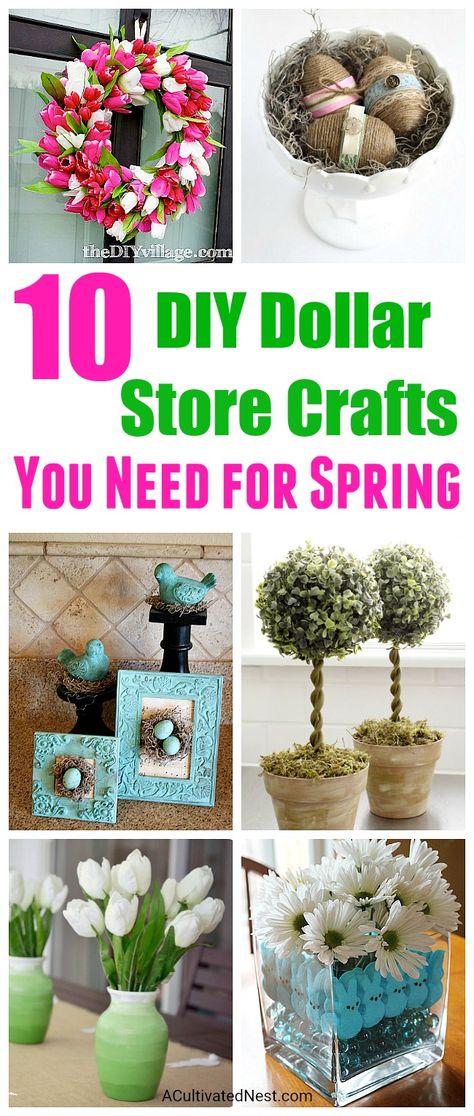 10 Adorable DIY Dollar Store Spring Crafts- Decorating your home for spring doesn't have to cost a lot. You can make your own inexpensive spring decor using items from the dollar store! For inspiration, check out these 10 adorable DIY dollar store spring crafts! | DIY wreath, display, centerpiece, bunny, eggs, birds, #diy #dollarstorecrafts #spring #Easter Dollar Store Spring Crafts, Diy Osterschmuck, Diy Frühling, Diy Spring Crafts, Diy Spring Wreath, Diy Projects To Sell, Spring Decor Diy, Easter Decorations Dollar Store, Dollar Tree Diy Crafts