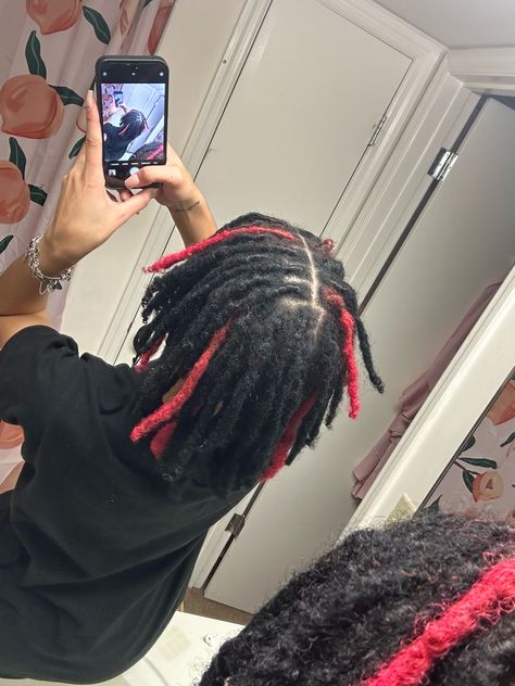 pink & black locs. Pink And Black Dreads Men, Pink And Red Dreads, Pink Skunk Stripe Locs, Pink Dyed Locs, Skunk Stripe Hair Locs, Pink And Black Dreads, Dyed Loc Tips, Red And Black Locs, Locs Highlights