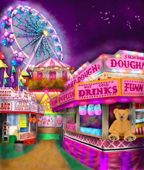 Fun Fair Images, Carnival Background Aesthetic, Fair Wallpapers, Ferris Wheel Photoshoot, Carnival Aesthetic Night, Fair Drawings, Kawaii Carnival, Carnival Core, Carnival Drawing