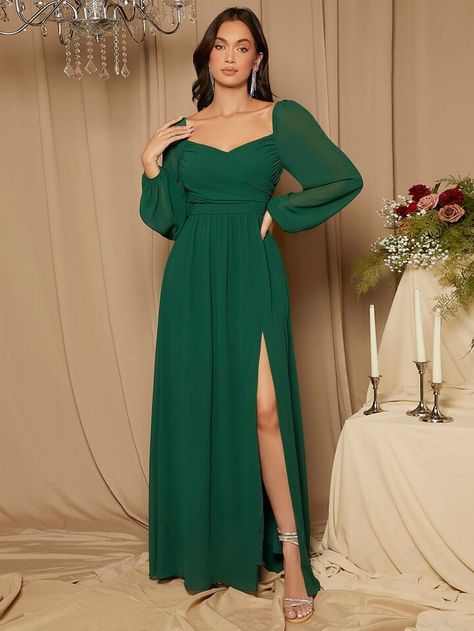 Long Sleeve Bridesmaid Dress, Long Sleeve Chiffon Dress, Bridesmaid Dresses With Sleeves, Sukienki Plus Size, Dark Green Dress, Bridesmaid Gowns, Green Bridesmaid, Green Bridesmaid Dresses, Dress Wrap