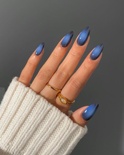 aura nail inspo for fall 🌲🧸🌑 my favv to do<3 which color next? rings are all @bohomoon , code ‘glossytipped10’ _____ #auranails #fallnails #octobernails #autumnnails #nailinspo #nailideas #aestheticnails Soft Blue Nails Designs, Aura Short Nails, Billie Nails, Aura Nails Blue, Nail Inspo For Fall, Fall Aura, Blue Aura Nails, Aura Nail, Halo Nails