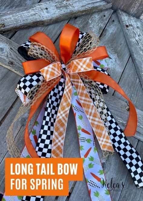 pin image with image of completed project and bold title that says "Long Tail Bow for Spring" Diy Seasonal Decor, Bow Making Tutorials, Wreaths Videos, Making Bows, Mesh Bows, Spring Projects, Bow Tutorial, Plaid Ribbon, Ribbon Work