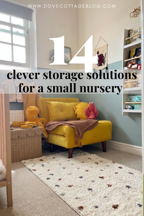 Baby boy nursery style Nursery With Storage, Clever Nursery Ideas, Swaddle Storage Nursery, Boxroom Nursery Ideas, Nursery Room Hacks, Nursery Storage Ideas Space Saving, Toy Storage In Nursery, Infant Toy Storage, Small Baby Bedroom Ideas