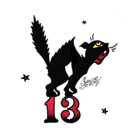 Cat 13 Tattoo, Amund Dietzel, Traditional Tattoo Stencils, Sailor Jerry Tattoos, Bike Tattoos, Biker Tattoos, 13 Tattoos, Black Cat Tattoos, Traditional Sleeve