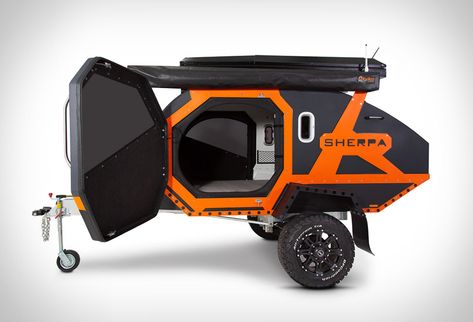 The Sherpa is an off road trailer unlike anything else on the market. The badass camper is an off-road, hard-shell, pull-behind pod with best-in-class clearance and independent suspension on the two wheels. With a hot-dipped galvanized chassi Off Road Teardrop Trailer, Motorcycle Camping Gear, Camping Vintage, Small Travel Trailers, Expedition Trailer, Adventure Trailers, Off Road Camper Trailer, Overland Trailer, Camping Trailers