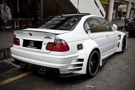 And Then Some… - You may need an oxygen mask when driving this super pumped up ride. Far out fenders? Check. Race car rear window gear? Check. Multiple muffler pipes? Double check.This one is all dressed up and ready to rumble. Bmw 118, E36 Sedan, Bmw E46 Sedan, E46 Touring, E46 Sedan, Bmw Touring, E46 Coupe, E36 M3, Motorcross Bike