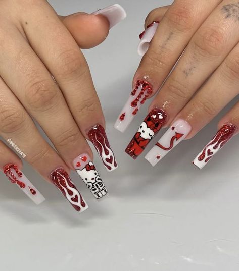 Girly Acrylic Nails, Long Acrylic Nail Designs, Nail Art Designs Diy Nails Long Acrylic, Hello Kitty Nails Art, Halloween Nail Art Ideas, Horror Nails, Witch Nails, Spooky Nails, Long Acrylic Nail, Kitty Nails, Halloween Acrylic