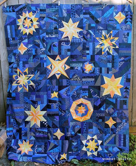 Starry night quilt top | Flickr - Photo Sharing! Space Quilt, Sky Quilt, Quilts Decor, Star Quilt Blocks, Star Quilt Patterns, Quilt Guild, Personalized Quilt, Star Quilts, Scrappy Quilts