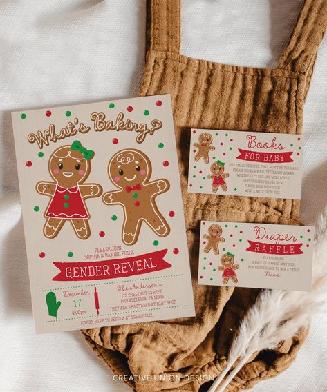 "Everyone will love this adorable What's Baking Gender Reveal Invite set! You will love how easy it is to edit and print! This design features an adorable gingerbread boy and girl with red and green candies - perfect for your Winter or Christmas time gender reveal!  The fonts are in a delicious baked frosting and holiday bakery styles. You will love how easy this editable template it is to edit, download and print (or text!). Invite, thank you card, diaper raffle, and books for baby cards included! No special software required! Easy to edit and print! PLEASE NOTE: This purchase is for a digital template. No physical item will be shipped. * * * * * TRY BEFORE YOU BUY * * * * * https://www.corjl.com/d/3EA8 * * * * * MATCHING ITEMS * * * * * For all of our beautiful coordinating items, go to Gender Reveal Gingerbread, Christmas In July Gender Reveal, Christmas Time Gender Reveal Ideas, Ginger Bread Gender Reveal Ideas, Ginger Bread Gender Reveal Theme, Gender Reveal December, What’s Baking Gingerbread Gender Reveal, Gender Reveal Ideas Thanksgiving, Gingerbread Gender Reveal Party