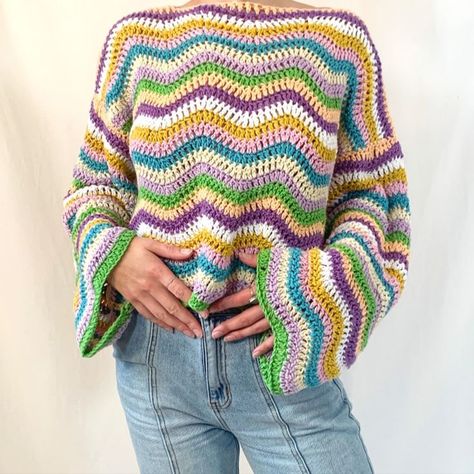 New crochet wave sweater avaliable on my website now! Malibu Sweater, Crochet Wave Pattern, Wave Sweater, Crochet Collection, Fashion Crochet, Sweater Crochet, Crochet Stitches For Beginners, Sweater Crochet Pattern, Crochet Blouse