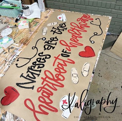 Hand Painted Banner, Diy Pipe And Drape, Graduation Banners Diy, Brown Paper Banner, Kraft Paper Banner, Painted Posters, Cna Week, Painted Banners, Painted Banner