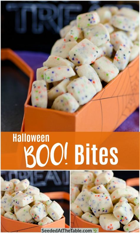 These tiny Halloween shortbread cookies come together very quickly for festive little munchies everybody will love!  A fun alternative to cut-out Halloween sugar cookies, these BOO! Bites are a perfect Halloween teacher gift. Quick And Easy Halloween Desserts, Halloween Shortbread Cookies, Halloween Sugar Cookies Decorated Easy, Easy Halloween Dessert Ideas, Halloween Baking Ideas Desserts, Halloween Cookies Decorated Easy, Halloween Dessert Ideas For Parties, Diy Halloween Cookies, Halloween Cookies For Kids