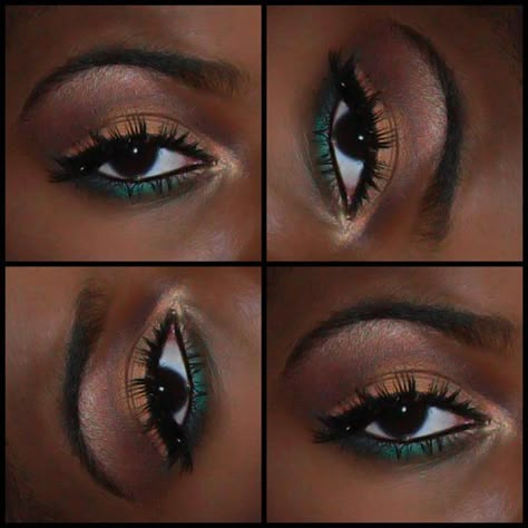 Dark Green Under Eye Makeup, Green Lipstick Looks On Black Women, Green And Gold Eye Makeup Black Women, Makeup For Pastel Green Dress, Green Eye Looks Black Women, Green And Gold Wedding Makeup, Natural Makeup With Green Eyeshadow, Light Green Outfit Makeup Look, Green Eyeliner Black Women