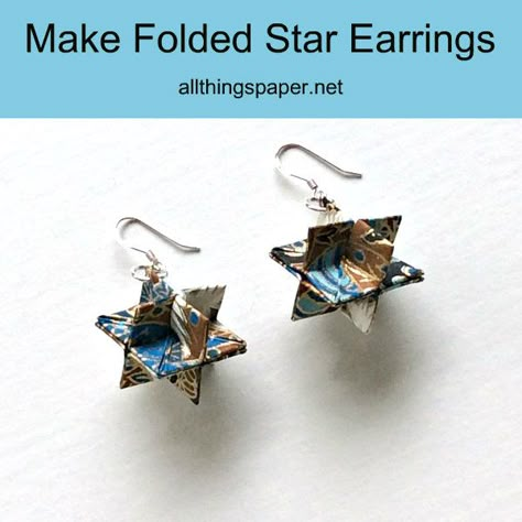 Video tutorials for making these pretty folded paper star earrings plus two other styles. #paperstars #paperearrings #paperjewelry Origami Earrings Tutorial, Origami Jewelry Tutorial, Origami Jewels, Origami Jewellery, Recycled Jewellery, Origami Earrings, Origami Tutorials, Paper Jewellery, Origami Star