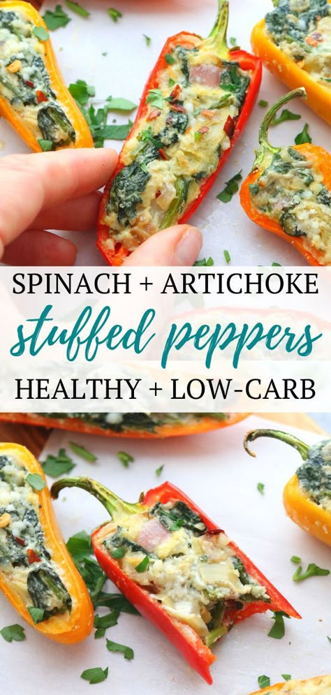 Stuffed Peppers Appetizer, Mini Peppers Recipes, Artichoke Bites, Sweet Pepper Recipes, Artichoke Stuffed, Stuffed Peppers Healthy, Mini Peppers, Cheesy Spinach, Mini Sweet Peppers