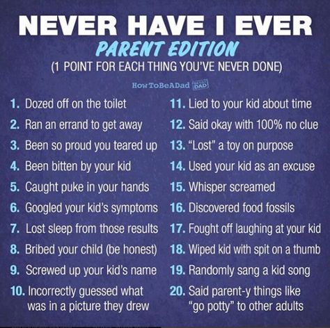 Never have I ever (Parent's Edition) Ice Breaker Games For Adults, Party Games Group, Funny Games For Groups, Group Games For Kids, Facebook Games, Moms' Night Out, Games For Moms, Moms Night, Ice Breaker Games