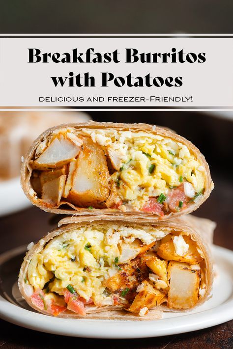 These Breakfast Burritos with Potatoes are really easy to make and freezer-friendly so they're the perfect savory breakfast to make ahead, defrost, and reheat as needed! They're filling, satisfying, healthy, and vegetarian! Authentic Breakfast Burritos, Vegetarian Breakfast Burritos Freezer, Meatless Breakfast Burrito, Low Cal Breakfast Burrito, Authentic Mexican Breakfast Burritos, Breakfast Ideas With Potatoes, Breakfast Burritos Vegetarian, Make Ahead Burritos, Breakfast Burritos With Potatoes