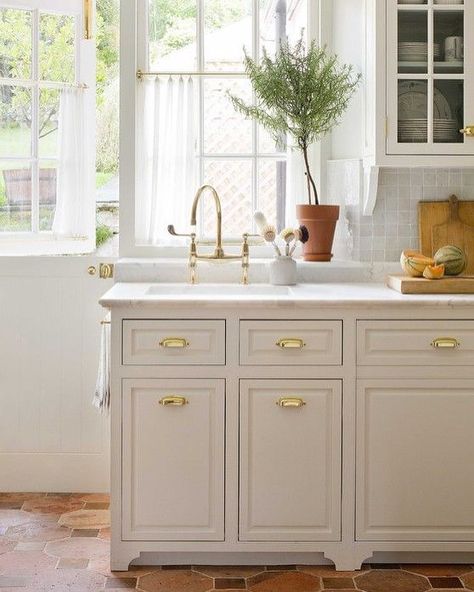 Studio McGee on Instagram: “Loving terra cotta everything...this kitchen moment is no exception. Design:@oandsltd” A Thoughtful Place, Kitchen Set Up, Classic Kitchen, Tile Flooring, White French, Traditional Kitchen, Kitchen Sets, White Cabinets, Cheap Home Decor