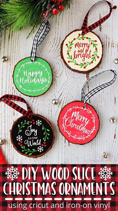 Easy Cricut Projects For Beginners Christmas, Fundraiser Craft Ideas, Wood Slice Ornament Ideas Cricut, Cricut Wood Ornament Ideas, Diy Round Wooden Christmas Ornaments, Cut Wood Ornaments With Cricut, Christmas Ornaments Using Wood Slices, Wood Cricut Ornaments, Easy Christmas Cricut Projects