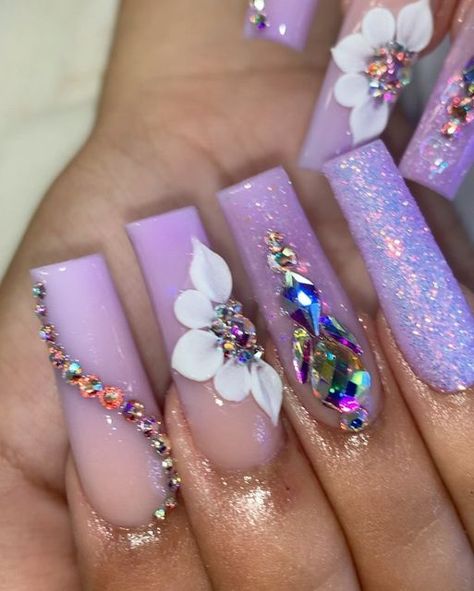 Karina Rodriguez on Instagram: "Lilac💜 #longnails#nailart#nails#picoftheday#lasrodrigueznaillounge#fresnonails#559nails#glitternails#nailart#nailsofinstagram#nailinspo#nailporn#purplenails#swarovskinails#art#gelnails" Pink And Lilac Nails, Lilac Nails With Glitter, Lilac Nails Design, Sweet 16 Nails, Quinceanera Nails, Ombre Nail Art Designs, Gold Acrylic Nails, Aqua Nails, Lilac Nails