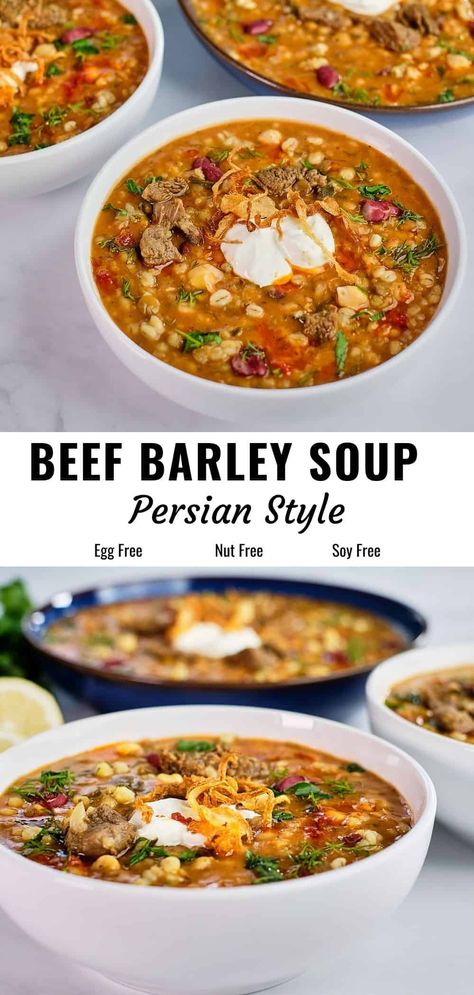 This beef and barley soup prepared in Persian style, with beans, lentils, herbs and spices is the real deal! Topped with sour cream and amazing mint-fried onions, this is quiet different. You can also make this easy and healthy soup recipe in a slow cooker or instant pot. #beefbarley #barleysoup #healthysoup Beef And Barley Soup, Beef And Barley, Healthy Soup Recipe, Healing Soup, Hearty Soup Recipes, Beef Barley, Beef Barley Soup, Persian Cuisine, Barley Soup