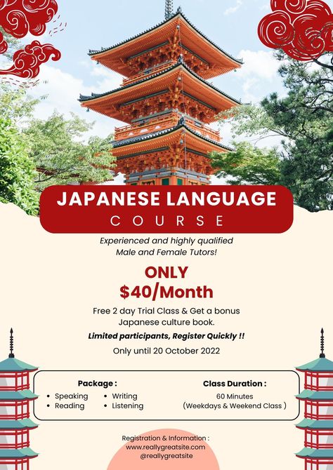 Bring your ideas to life with our dynamic and eye-catching flyers, crafted to captivate and inspire! Japanese Flyer Design, Language Course Poster Design, Course Flyer Design, Beige Layout, Class Poster Design, School Ads, Flyer Design Ideas, Course Flyer, Tutoring Flyer