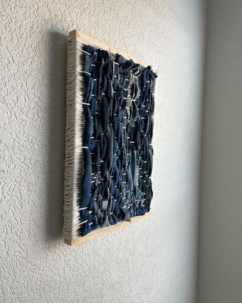 Recycled Denim Jeans Woven Tile Wall Hanging 👖✂️♻️ . . . #jeans #recycledart #recycle #wovenwallhanging #wallart #madewelljeans #levi #gap #madewell #denim #fiberart #modernart #art #artcurator Hanging Jeans, Denim Wall, Tile Wall, Recycled Art, Recycled Denim, Woven Wall Hanging, Madewell Denim, Art Gallery Wall, Wall Sculptures