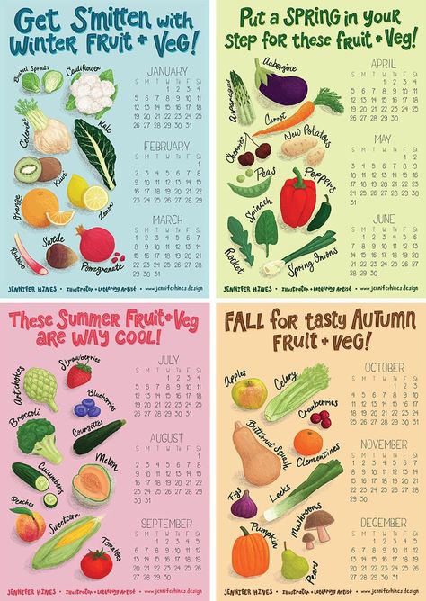 Final calendar images, complete with illustrated fruits and vegetables and punny headlines for each season. Seasonal Produce Calendar, Fruits And Vegetables Seasons, Season Fruits And Vegetables Chart, Spring Fruits And Vegetables, Spring Fruits In Season, Winter Fruit And Vegetables, Spring Season Food, Fall Fruits In Season, Seasonal Fruits And Vegetables Chart